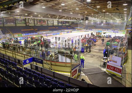 Heerenveen, pays-Bas. 1st avril 2022. HEERENVEEN, T.-N.-L. AVR 1T. Les fosses à la patinoire Thialf pendant le ROLOEF THIJS BOKAAL à la patinoire Thialf, Heerenveen, le vendredi 1st avril 2022. (Crédit : Ian Charles | MI News) Banque D'Images