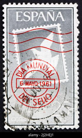 ESPAGNE - VERS 1961: Un timbre imprimé en Espagne montre annulé Stamp, White Dove, vers 1961 Banque D'Images