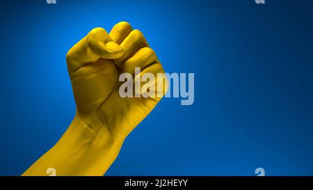 Poing aux couleurs du drapeau ukrainien élevé pour combattre et résister à l'opposition russe - 3D illustration Banque D'Images