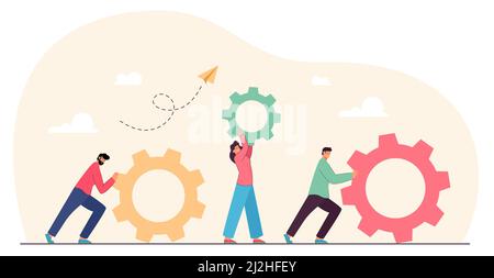 Travail d'équipe de personnes minuscules avec des engrenages et des roues dentées.Équipe de partenaires travaillant sur la mise à niveau, la réparation, l'amélioration des compétences et le service client illustrateur de vecteur plat Illustration de Vecteur