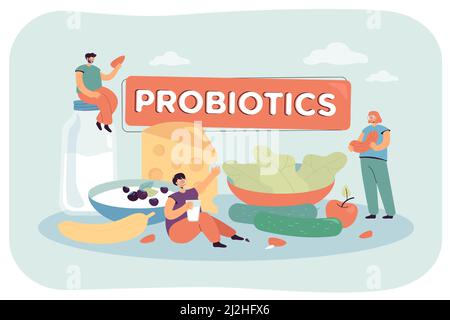 Minuscules personnes sur l'illustration de vecteur de régime probiotique.Femme buvant du yogourt utile pour l'intestin, l'homme avec des graines et la dame avec des noix manger des aliments biologiques: Végétab Illustration de Vecteur