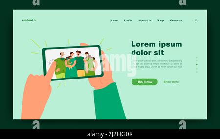 Mains humaines tenant un smartphone avec une illustration vectorielle plate isolée de la famille selfie. Photo de dessin animé de maman, papa, grands-parents et enfant faisant dîner dans Illustration de Vecteur