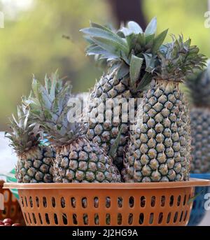 photo d'ananas dans le panier et ananas dans le fond flou Banque D'Images