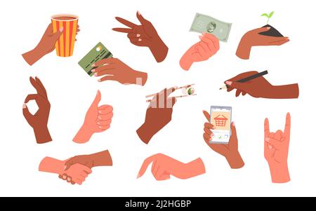 Les mains se présentent avec des objets différents et montrent divers gestes Illustration de Vecteur