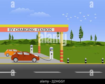 Une voiture électrique charge une batterie à une station de charge électrique avec des champs verts et le ciel en arrière-plan. Illustration de Vecteur
