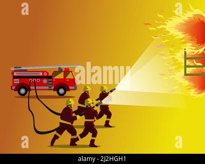 Quatre pompiers de sexe masculin pulvérisent de l'eau dans un bâtiment en feu avec des camions d'incendie et du jaune à l'arrière-plan. Illustration de Vecteur