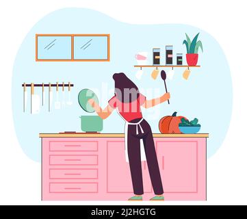 Femme debout près d'une cuisinière dans la cuisine tenant une cuillère.Illustration du vecteur plat de la cuisine de la femme au foyer.Cuisine, mode de vie familial, routine, h Illustration de Vecteur