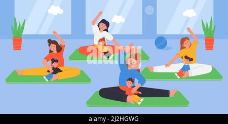 Entraînement de yoga et pilates pour les mamans et les enfants dans la salle de gym.Groupe de mères actives avec des enfants faisant des exercices de sport sains, étirant, assis sur des tapis fl Illustration de Vecteur