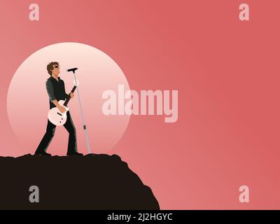 Un musicien joue de la guitare et chante sur le sommet de la montagne avec un fond de lune et de ciel rose. Illustration de Vecteur