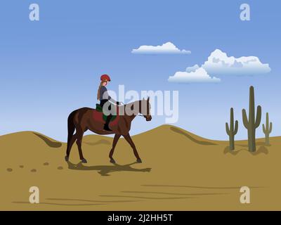 Une femme à cheval dans le désert avec ciel et nuages en arrière-plan. Illustration de Vecteur