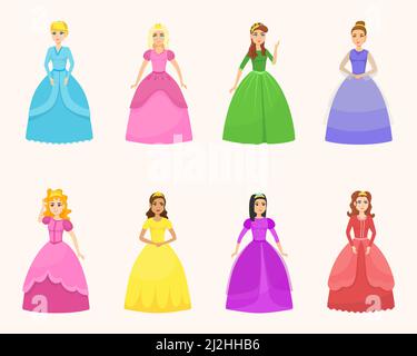 Jeune belle princesses dans différentes poses dessin animé vecteur jeu d'illustration.Élégantes femmes de contes de fées en costumes et robes de couleur pour enfant sur li Illustration de Vecteur