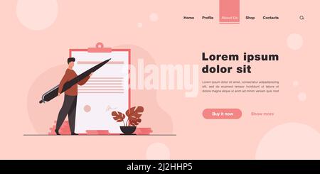 Homme signant le contrat avec un gros stylo. Projet, profit. Illustration vectorielle plate. Le concept d'entreprise peut être utilisé pour les présentations, les bannières, la conception de sites Web, Illustration de Vecteur