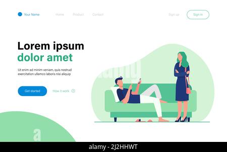 Homme allongé sur un canapé quand une femme se tient debout et regarde lui. Canapé, paresse, femme illustration de vecteur plat. Concept de famille et de relation pour bannière, Illustration de Vecteur