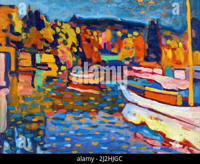 Art vintage par Wassily Kandinsky - Etude pour le paysage d'automne avec des bateaux (1908). Banque D'Images