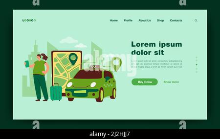 Personne commandant le taxi à l'aéroport en ligne. Grand écran avec itinéraire sur le plan de la ville, voiture de taxi, passager avec bagages. Illustration vectorielle pour le voyage, le transport Illustration de Vecteur