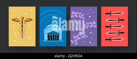 Ensemble d'affiches d'art contemporain avec symboles de Rome antique. Illustration vectorielle. Collection de Cácuceus coloré, personnel de Hermes, épées, branches, Pa Illustration de Vecteur