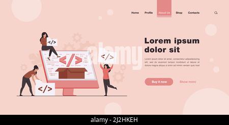 Site Web de programmation pour plate-forme Internet illustration vectorielle plate de minuscules développeurs. Cartoon programmeurs près de l'écran avec code ouvert ou script. Logiciel Illustration de Vecteur