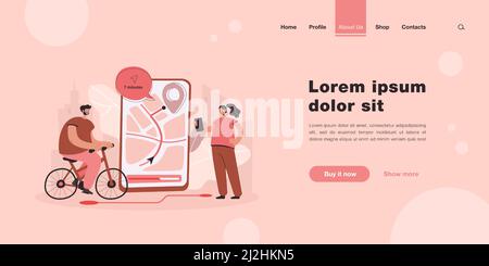 Des personnes minuscules utilisant une application mobile pour la navigation dans une illustration urbaine à vecteur plat. Personnages de dessin animé regardant la carte sur l'application du téléphone. Service de livraison, Illustration de Vecteur