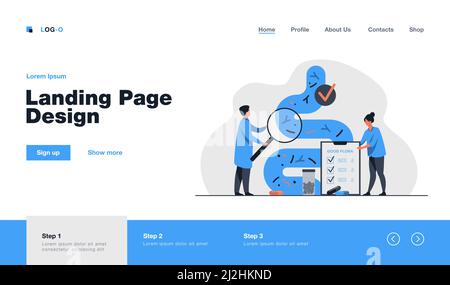 Minuscules médecins examinant le tractus gastro-intestinal et le système digestif isolé illustration de vecteur plat. Abstrait intestin micro-organismes et amical Illustration de Vecteur