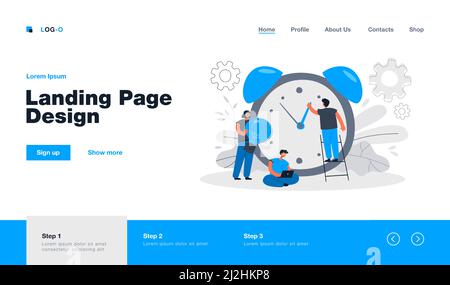 Minuscules personnes travaillant avec un réveil illustration vectorielle plate isolée. Des hommes d'affaires travaillant en équipe avec le chronomètre. Gestion du temps Illustration de Vecteur