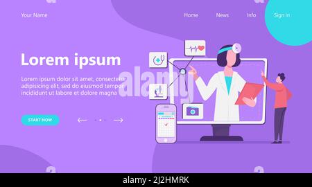 Illustration vectorielle de l'assistance médicale en ligne. Homme utilisant l'application pour smartphone pour consulter un médecin. Homme patient discutant avec un praticien sur Internet Illustration de Vecteur