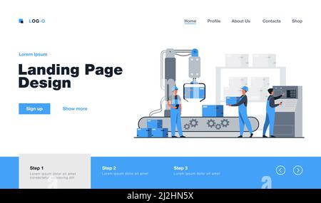 Les travailleurs d'usine et le bras robotisé retirant les emballages de la ligne de convoyeur. Ingénieur utilisant l'ordinateur et le processus d'exploitation. Illustration vectorielle pour les entreprises, Illustration de Vecteur