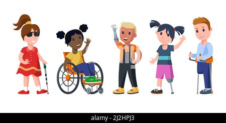 Ensemble d'illustrations vectorielles de dessins animés pour enfants handicapés physiques.Fille aveugle avec bâton de marche, enfant en fauteuil roulant, enfants avec bras prothétique, le Illustration de Vecteur