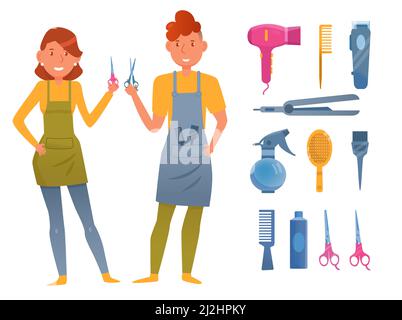 Coiffeurs de dessin animé avec accessoires vecteur illustrations ensemble.Personnages en tabliers avec équipement de barbershop : peignes, ciseaux isolés sur fond blanc Illustration de Vecteur