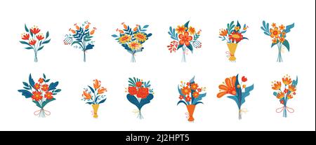 Bouquets colorés de différentes fleurs vecteur illustrations ensemble.Plantes en fleurs comme cadeaux, fleurs de prairie ou de jardin isolées sur fond blanc.Natu Illustration de Vecteur