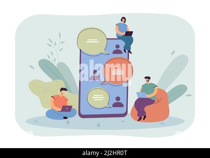 Discutez sur l'écran d'un téléphone mobile de personnes minuscules.Groupe de personnes discutant dans l'illustration du vecteur plat Messenger.Médias sociaux, conc. Communautaire Illustration de Vecteur