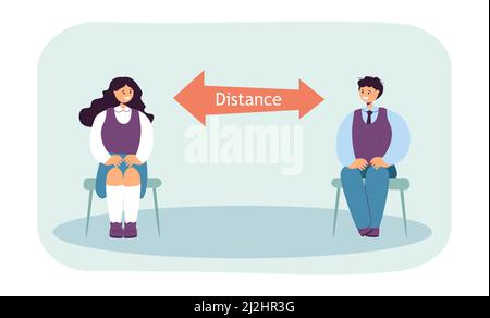 Enfants assis sur des chaises à une distance physique sécuritaire. Illustration du vecteur plat de protection contre les coronavirus pour enfants. Sécurité scolaire, conce social de distance Illustration de Vecteur