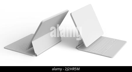 Ensemble de tablettes d'ordinateur avec clavier et écran vierge isolé sur fond blanc monochrome. 3D concept de rendu de l'équipement de créateur et Banque D'Images