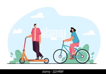 Mignon petit couple de dessin animé de transport personnel écologique.Homme sur scooter électrique, femme sur vélo à l'extérieur de l'illustration vectorielle plate.Transport c Illustration de Vecteur