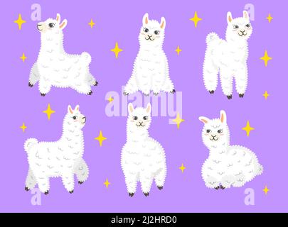 Ensemble d'illustrations vectorielles de dessin animé mignon lama.Lamas blancs de petite fille dans différentes poses et émotions sur fond violet.Collection d'autocollants, patter Illustration de Vecteur