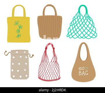 Jeu d'illustrations vectorielles de différents types de sacs écologiques.Dessins de sacs réutilisables sans déchets: fourre-tout, kit, sacs de coton et de filet isolés sur fond blanc Illustration de Vecteur