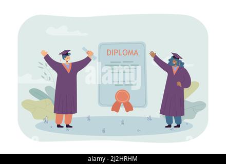 Heureux diplômés avec un énorme diplôme. Certificat entre les étudiantes debout en lettres majuscules illustration vectorielle plate. Diplôme, éducation con Illustration de Vecteur