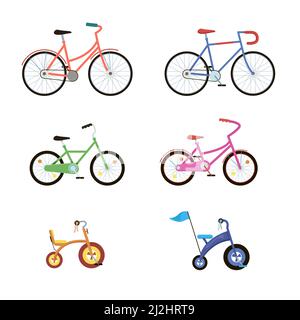 Ensemble de jolies bicyclettes de différentes couleurs.Illustrations vectorielles du transport urbain écologique pour les enfants ou les adultes.Collection de dessins animés de vélos d'équilibre isolés sur Illustration de Vecteur