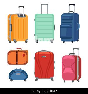 Ensemble d'illustrations vectorielles de différents types de valises.Collection de sacs de voyage avec roues pour bagages ou bagages, porte-documents isolé sur fond blanc Illustration de Vecteur