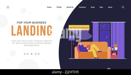 Propriétaire d'une maison heureuse allongé sur un canapé, se détendre à la maison, profiter des loisirs à l'air froid de l'air conditionné.Illustration vectorielle pour les températures chaudes, la chaleur, la maison Illustration de Vecteur