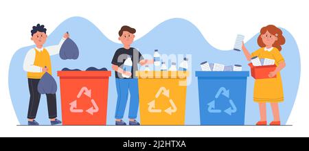 Les enfants jettent les ordures dans la poubelle de recyclage.Mignons garçons et fille triant le papier, le plastique et les déchets organiques dans des récipients de recyclage vecteur plat illustrati Illustration de Vecteur