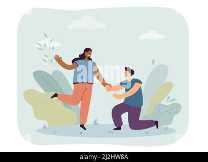 Petit ami agenouillant et tenant la main de la petite amie. Jeune homme confessant l'amour à la femme heureuse illustration vectorielle plate. Relation, romance, rencontres co Illustration de Vecteur