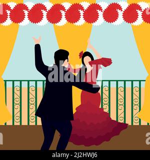 Illustration vectorielle d'un couple andalou dansant des sevillanas dans un stand lors de la foire d'avril. Foire de Séville, Andalousie, Espagne Illustration de Vecteur