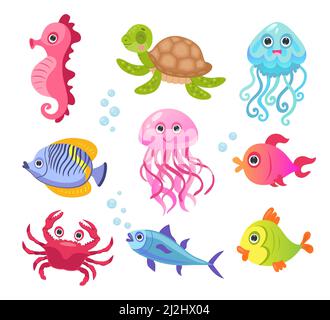 Jeu d'illustrations vectorielles personnages créature océan ou mer.Mignons animaux sous-marins amusants, poissons, crabe, tortue, méduses,hippocampe pour enfants Illustration de Vecteur