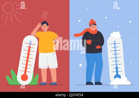 Personne avec froid d'hiver, chaleur d'été et thermomètre.Homme debout dans le gel et la neige ou souffrant d'une illustration de vecteur plat par temps chaud.Meteorol Illustration de Vecteur