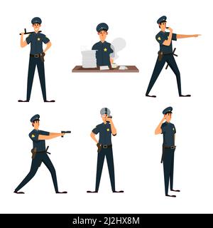 Jeu de poses de personnage de policier en action.Illustrations vectorielles d'officier de patrouille en tenue cop avec arme à feu et badge.Sifflet de bande dessinée de la garde, poursuite de Illustration de Vecteur