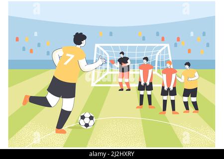 Le personnage du joueur de football donne un coup de pied au gardien de but.Penalty kick ou shot pendant un match de football à l'illustration vectorielle plate du stade.Sports, compet Illustration de Vecteur