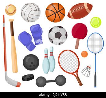 Ensemble de dessins animés pour équipement de sport.Balles et articles de jeu pour le hockey, le rugby, le baseball et la raquette de tennis.Collection de quilles, de boxe et de golf.JE Illustration de Vecteur