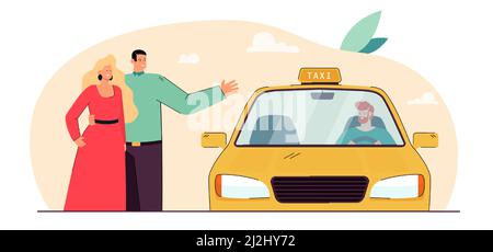 Chauffeur de taxi s'arrêtant par un couple marié.Mari et femme debout à côté de la cabine jaune illustration vectorielle plate.Service de taxi, concept de transport pour Illustration de Vecteur