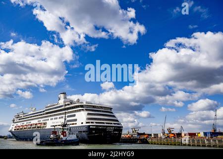 Rotterdam, pays-Bas. 2nd avril 2022. 2022-04-02 12:04:12 ROTTERDAM - navire de passagers de Volendam de la ligne d'Amérique de Hollande dans le Merwehaven à Rotterdam. Le navire à passagers sera ancré pendant trois mois dans le Merwehaven pour servir d'abri d'urgence aux réfugiés ukrainiens. ANP ROBIN UTRECHT pays-bas Out - belgique Out crédit: ANP/Alay Live News Banque D'Images