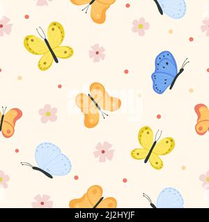 Motif sans couture avec superbes papillons et fleurs. Décoration pour l'emballage du papier ou du papier peint. Design avec papillons volants. Plat coloré sans fin Illustration de Vecteur